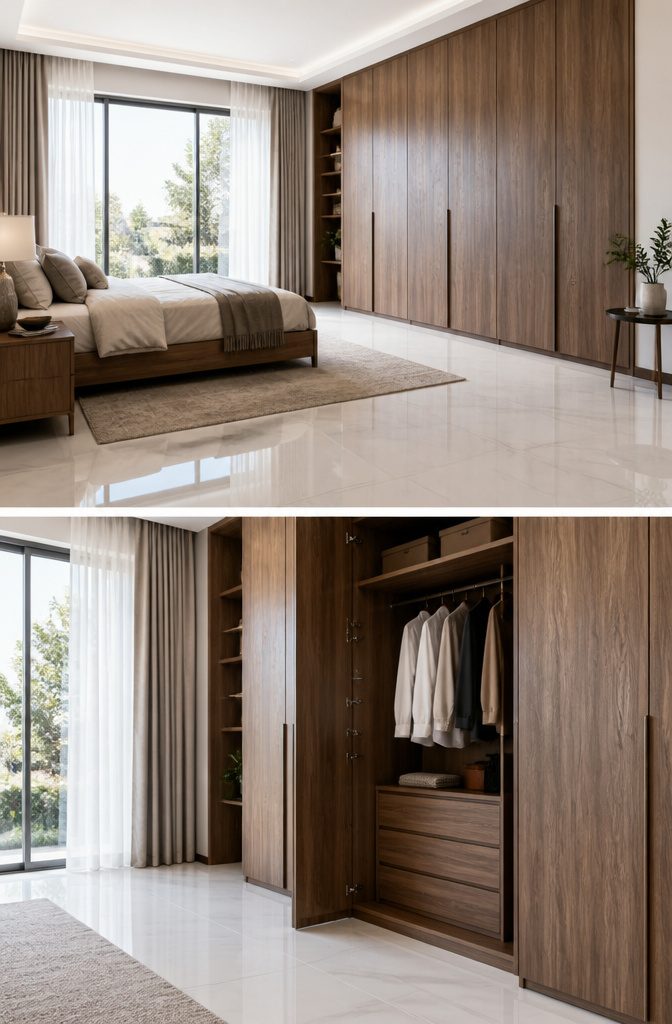 13 Bedroom with Wardrobe Ideas for Modern Spaces in 2026 12 Glossy wardrobe integrated with matching glossy tiles in a bedroom.