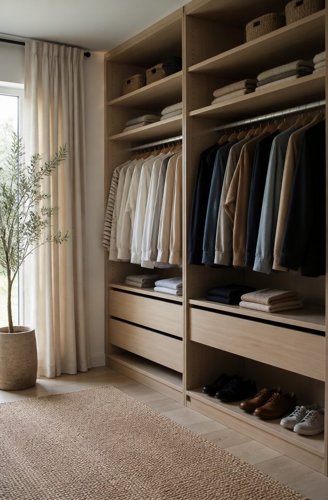 18 Built-In Wardrobe Ideas for Bedrooms and Closets (2026) 2 A closet featuring adjustable rods and shelves for clothing storage.