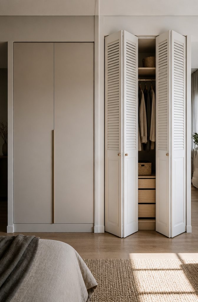 18 Built-In Wardrobe Ideas for Bedrooms and Closets (2026) 3 Bi-fold doors on a wardrobe in a bedroom setting.