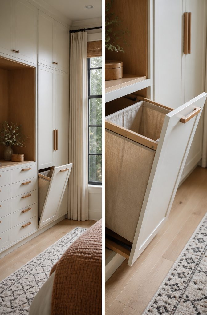 18 Built-In Wardrobe Ideas for Bedrooms and Closets (2026) 9 A tilt-out laundry hamper integrated into a wardrobe.