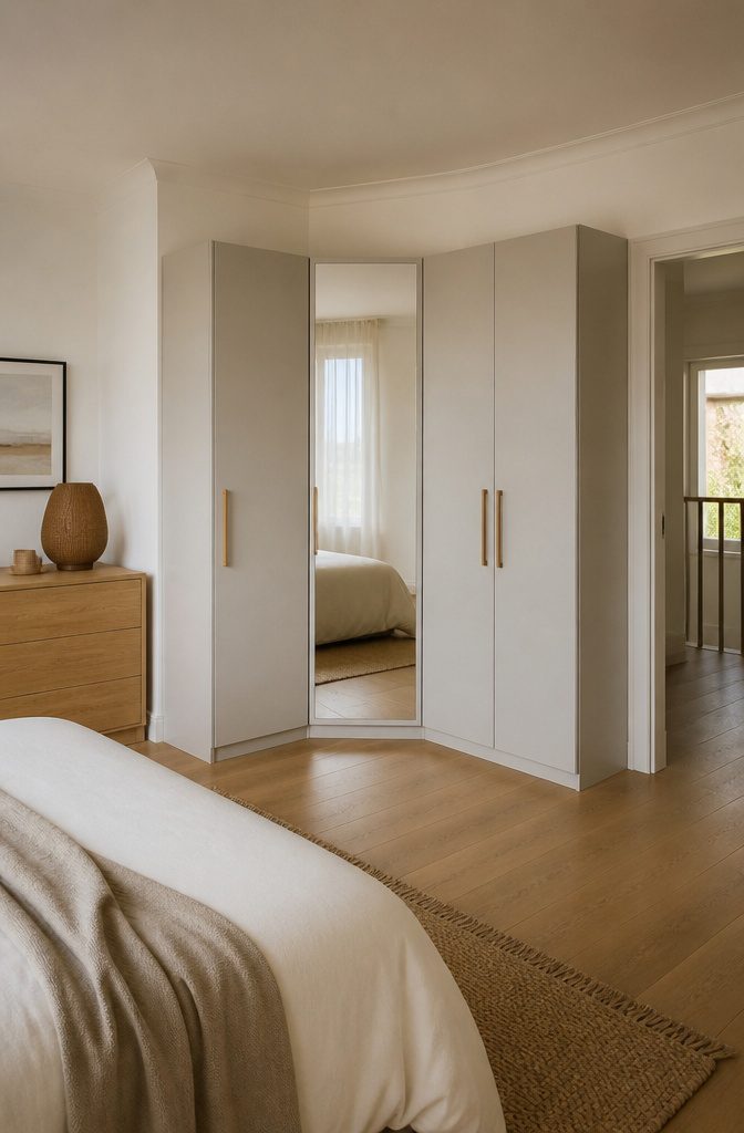 18 Built-In Wardrobe Ideas for Bedrooms and Closets (2026) 14 A corner closet with a diagonal hanging rod.