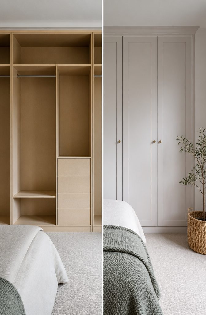18 Built-In Wardrobe Ideas for Bedrooms and Closets (2026) 12 A wardrobe featuring fluted door detailing.