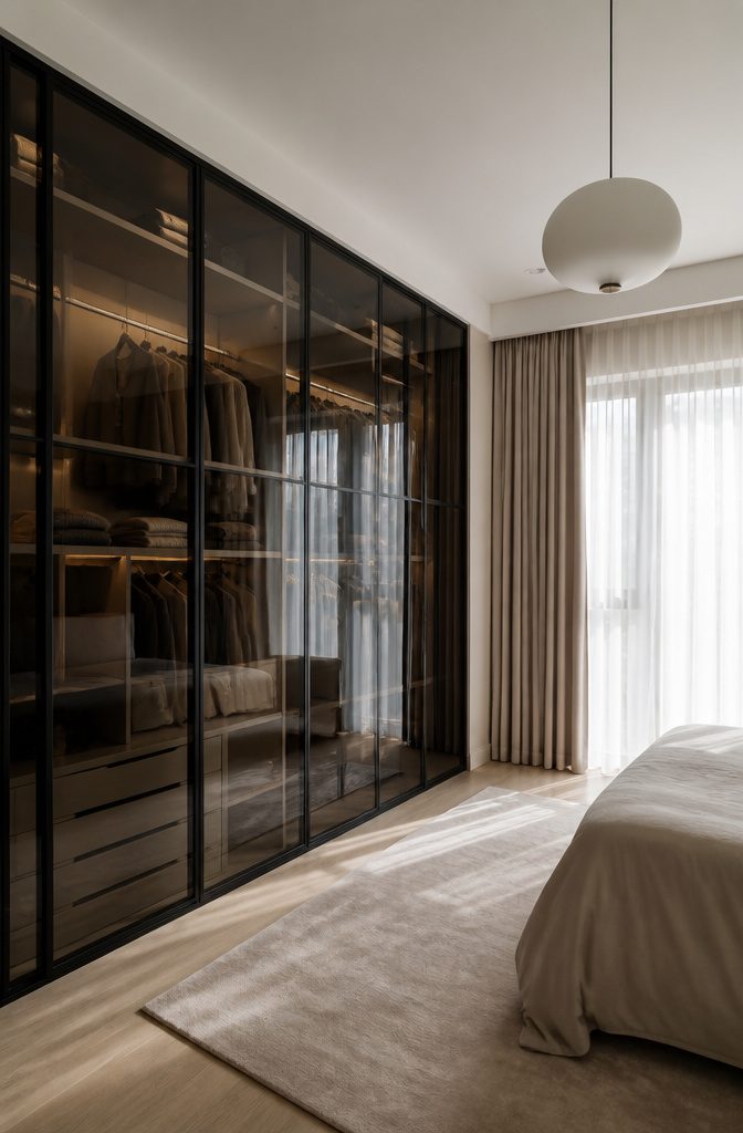 18 Built-In Wardrobe Ideas for Bedrooms and Closets (2026) 13 Frosted glass partitions in a built-in wardrobe.