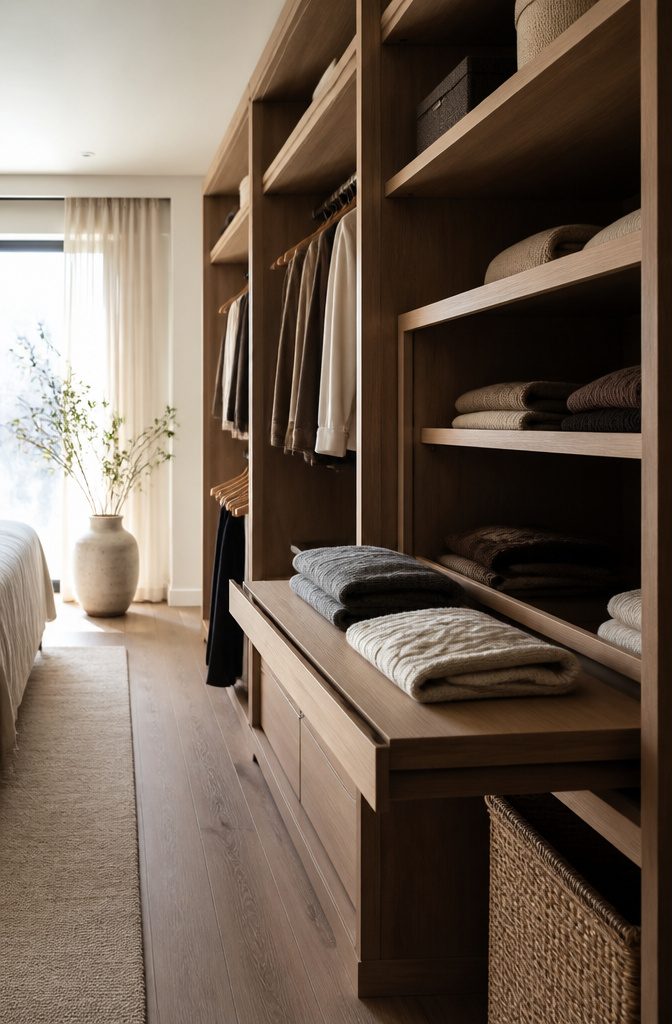 18 Built-In Wardrobe Ideas for Bedrooms and Closets (2026) 7 A wardrobe with gliding shelves for better storage accessibility.