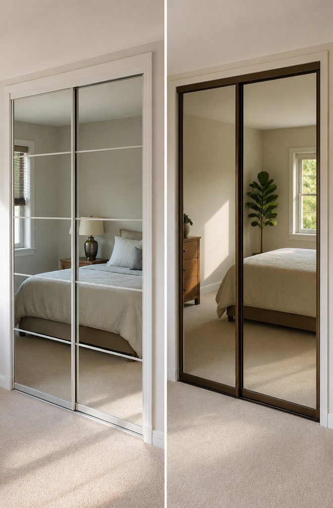 18 Built-In Wardrobe Ideas for Bedrooms and Closets (2026) 16 Mirror sliding doors on a wardrobe in a bedroom.