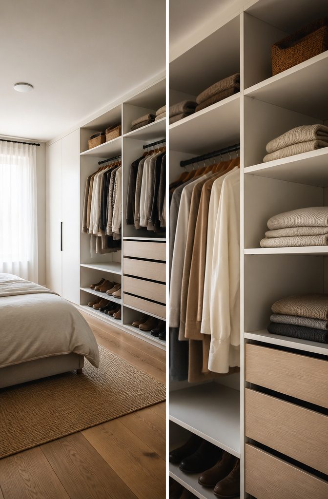 18 Built-In Wardrobe Ideas for Bedrooms and Closets (2026) 1 A modular shelving system with wire and wood shelves in a closet.