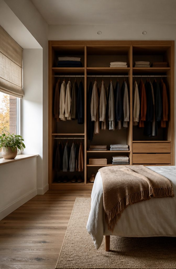 18 Built-In Wardrobe Ideas for Bedrooms and Closets (2026) 20 A wardrobe featuring both open shelving and closed cabinetry.