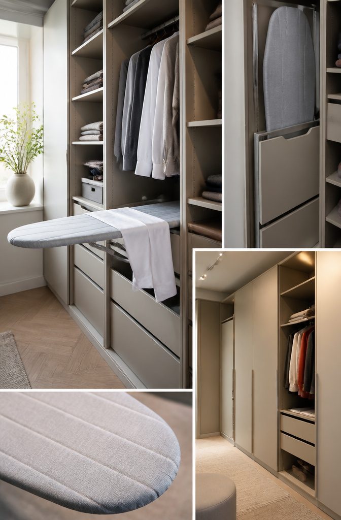 18 Built-In Wardrobe Ideas for Bedrooms and Closets (2026) 10 A pull-out ironing board installed in a wardrobe.