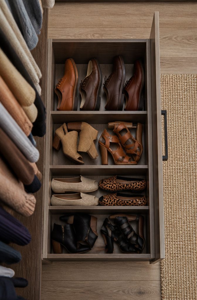 18 Built-In Wardrobe Ideas for Bedrooms and Closets (2026) 8 An angled shoe rack within a built-in wardrobe displaying shoes.