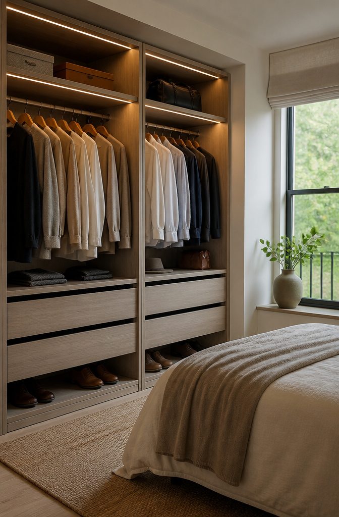 18 Built-In Wardrobe Ideas for Bedrooms and Closets (2026) 11 LED strip lighting installed inside a built-in wardrobe.