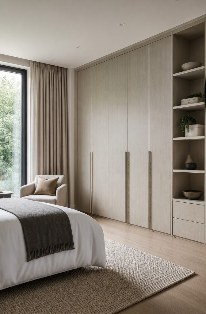 18 Built-In Wardrobe Ideas for Bedrooms and Closets (2026) 4 A built-in wardrobe with organized vertical layers for clothing storage.