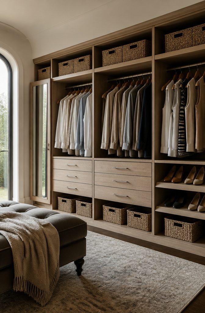 18 Built-In Wardrobe Ideas for Bedrooms and Closets (2026) 17 Wicker baskets used for storage in a built-in wardrobe.