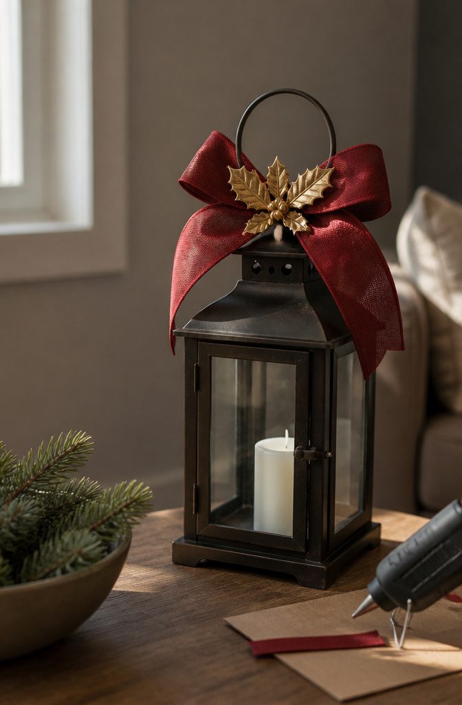 Christmas ribbon bow with a metal holly ornament attached to a lantern handle
