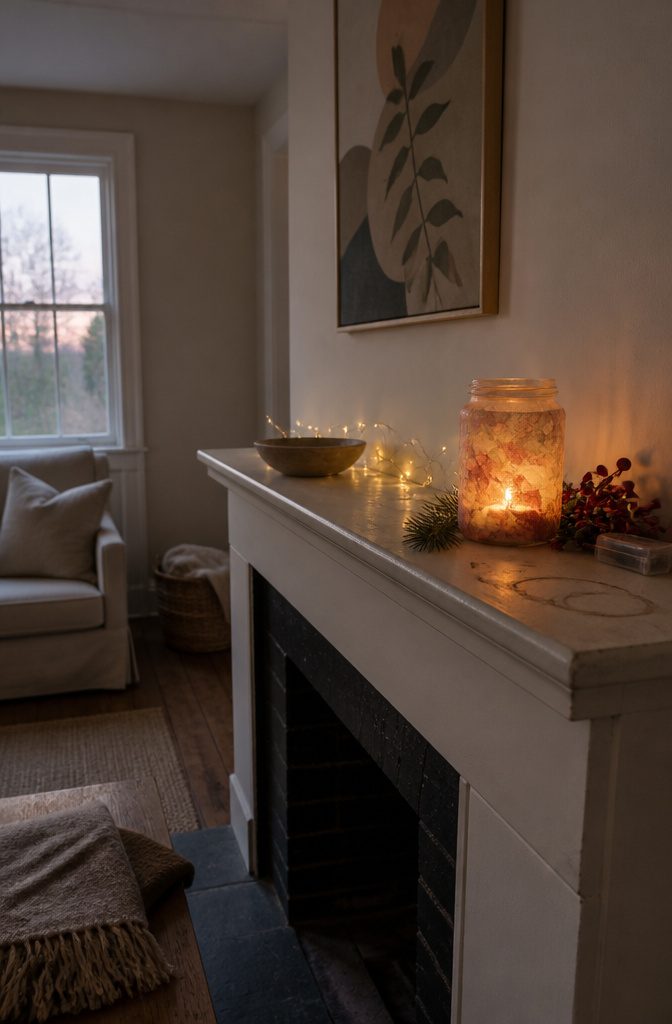 Tissue jar, wax-paper lantern, store-bought lantern, and Santa lantern with candles and lights
