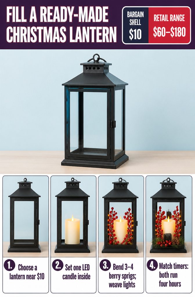 Ready-made lantern filled with a flameless candle, red berries, pine cones, and string lights
