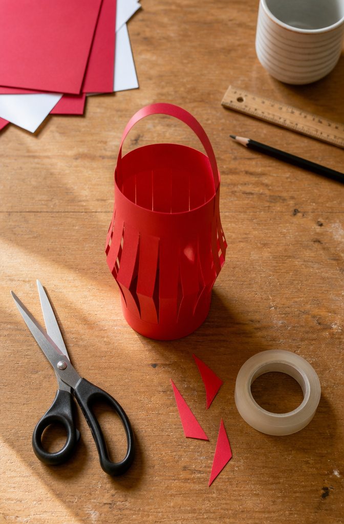 Folded red paper with parallel slits cut up to a stopping line