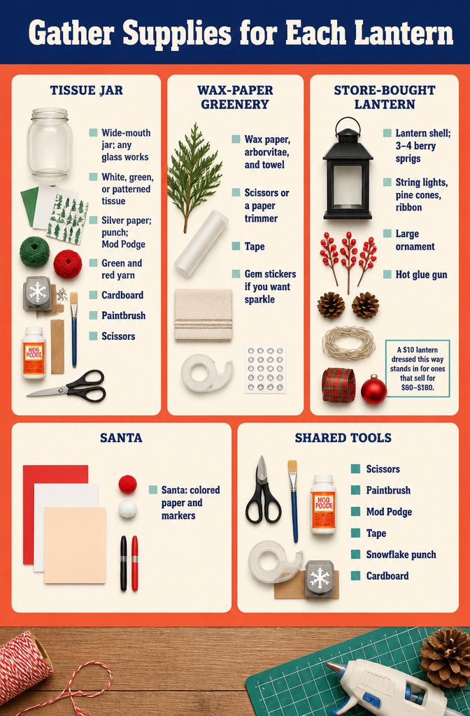 Craft supplies including glass jars, tissue paper, wax paper, greenery, red paper, lights, and glue