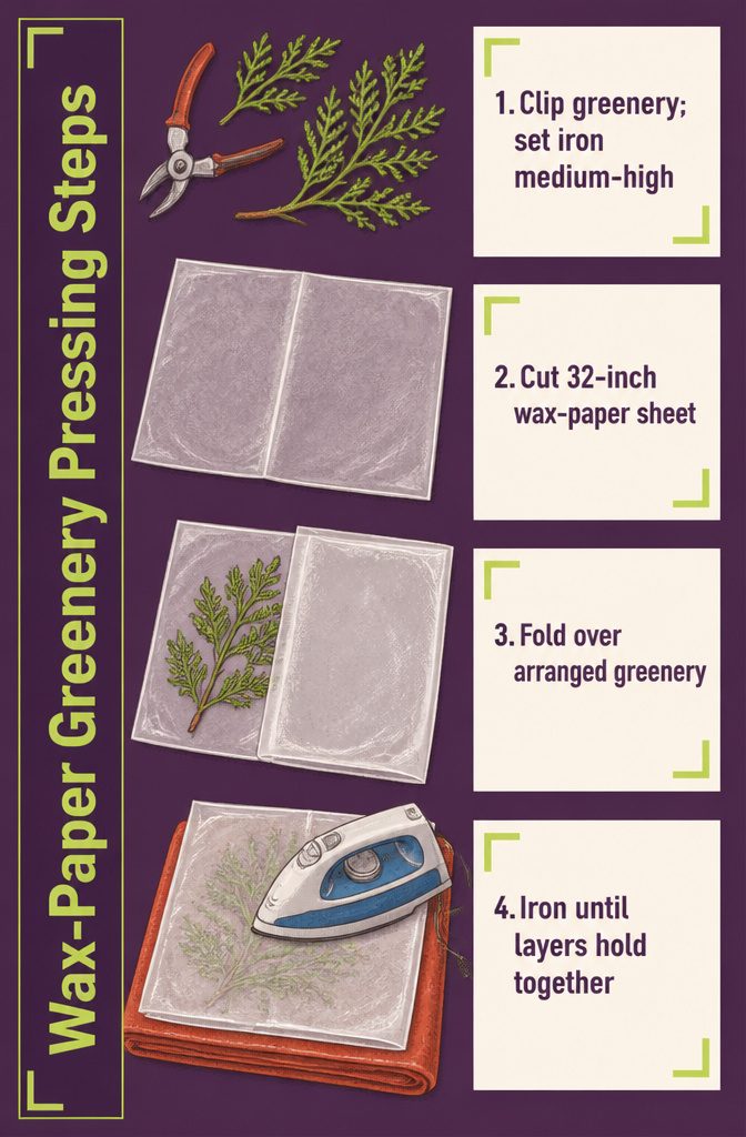 Green arborvitae sprigs arranged between folded wax-paper layers