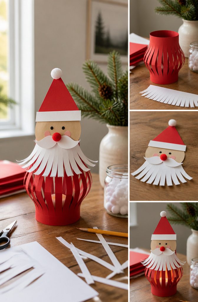 Paper Santa face with red hat, pom-pom details, and curled white beard