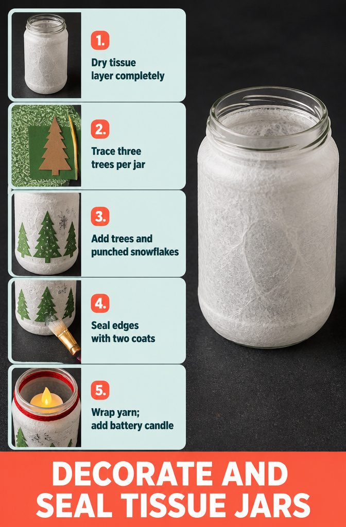 Tissue-covered jar decorated with green paper trees and silver snowflakes
