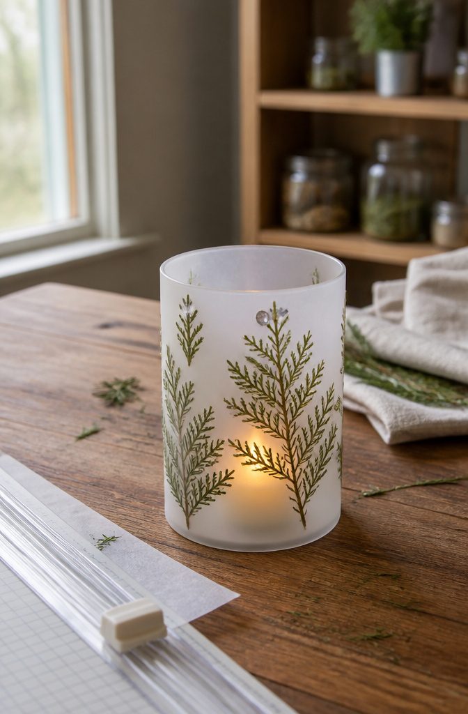 Rolled wax-paper sheet with pressed greenery and taped edges