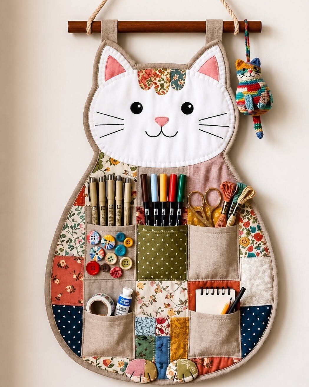 Cat-shaped fabric wall organizer with pockets holding art supplies and colorful patchwork patterns.