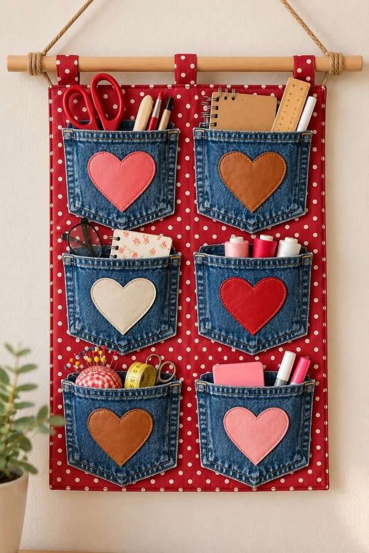 Denim pocket organizer with heart patches holding craft supplies on a polka dot background