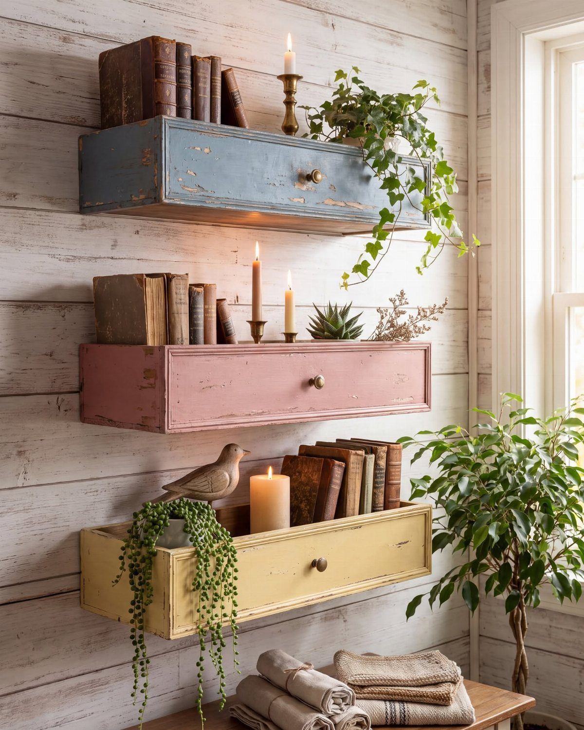 Repurposed dresser drawers used as floating shelves holding books and plants on a wall