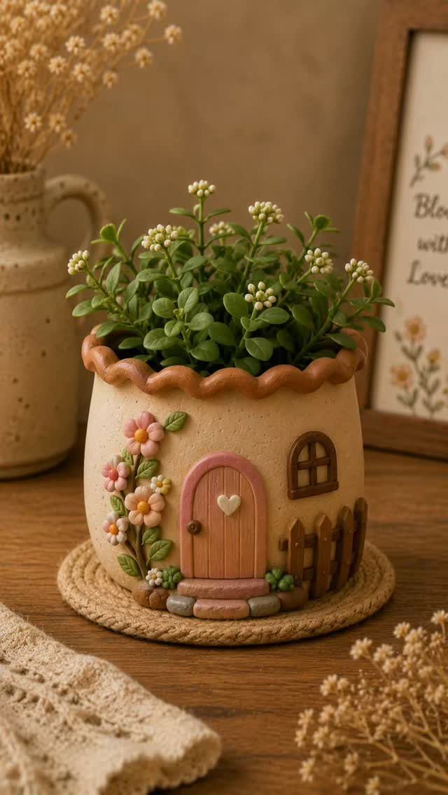 Handmade clay cottage planter with a pink door holding a small flowering plant.