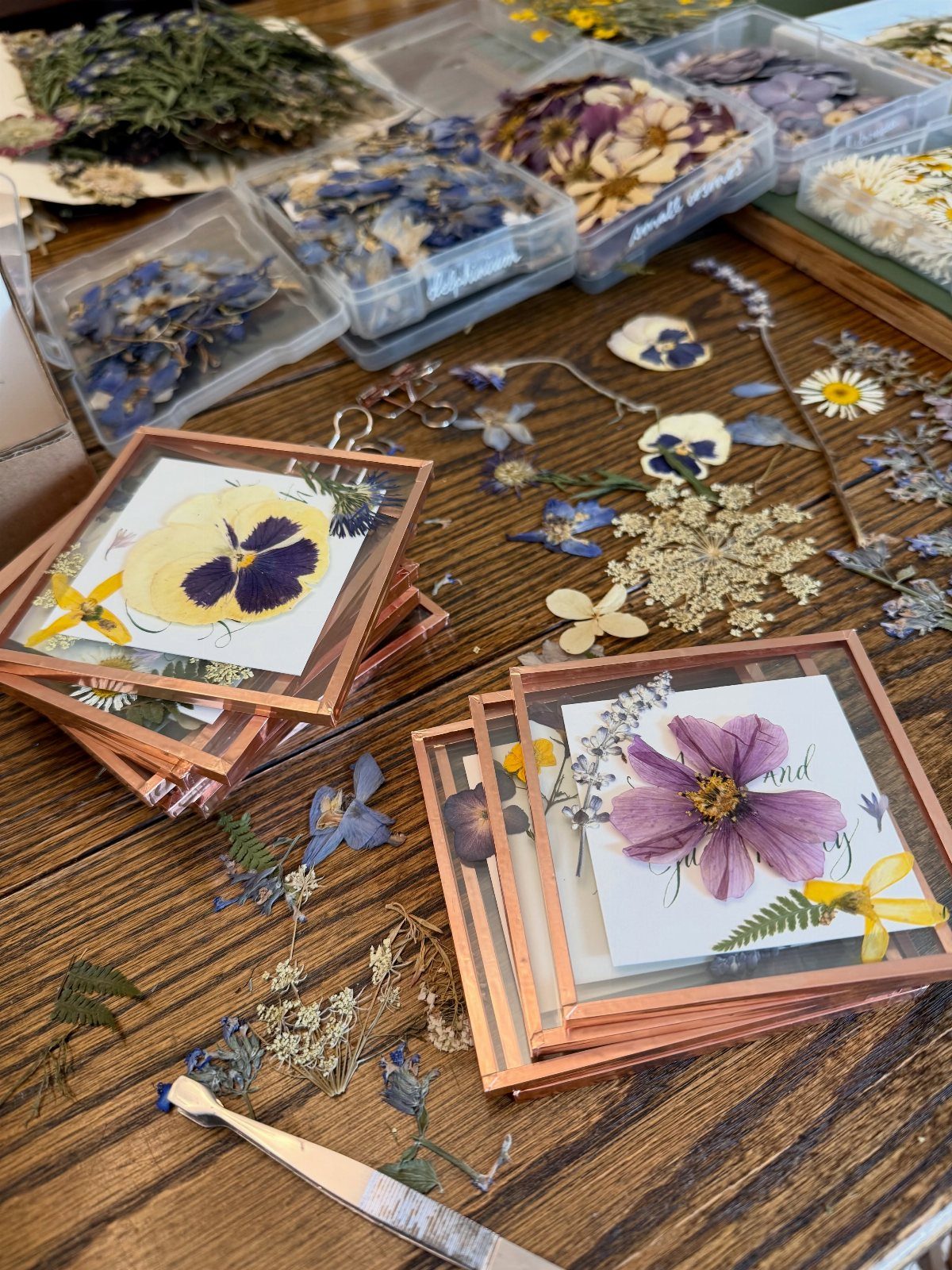 Pressed flowers in copper glass frames on a wooden table with dried botanicals.
