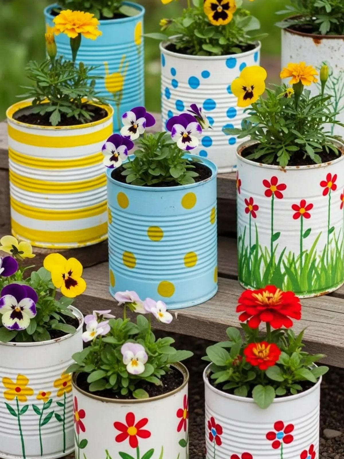 Painted tin can planters with colorful flowers sitting on a wooden deck.
