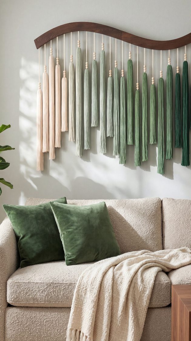 Yarn tassel wall hanging in green and cream tones above a beige sofa