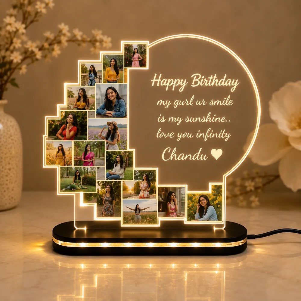 DIY LED Light Lamp Ideas: 27 Backlights, Pendants, Table Lamps 12 Personalized LED lamp with a photo collage and birthday message on acrylic plaque.