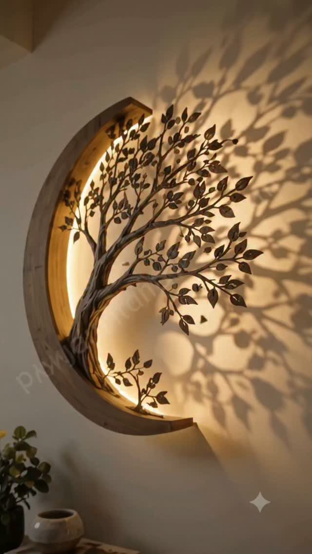 DIY LED Light Lamp Ideas: 27 Backlights, Pendants, Table Lamps 24 Crescent wooden wall lamp with a metal tree silhouette casting warm glowing shadows
