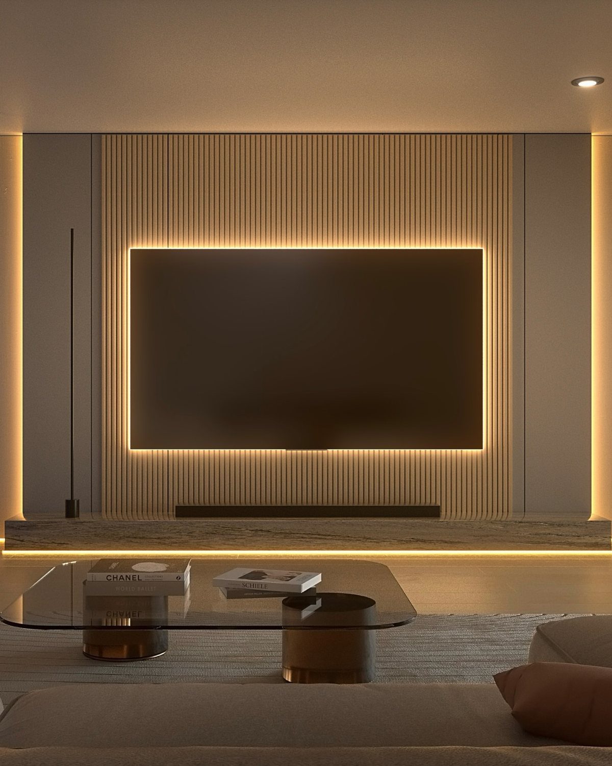 DIY LED Light Lamp Ideas: 27 Backlights, Pendants, Table Lamps 1 Television mounted on a slatted wall with warm yellow LED backlighting glowing behind it.