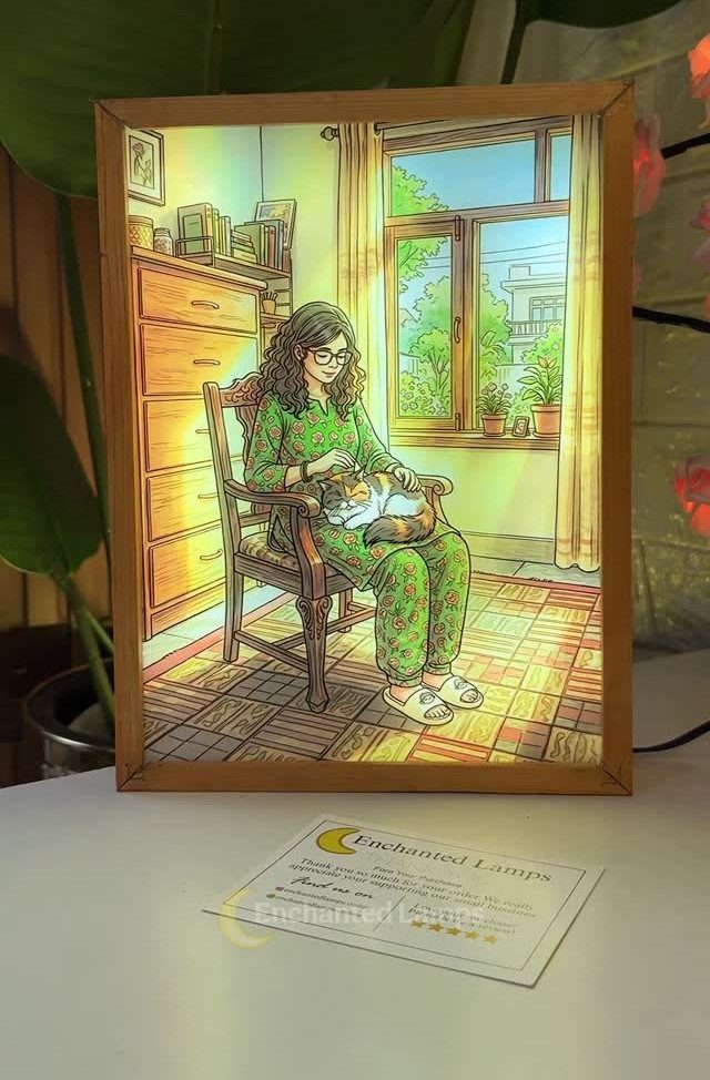 DIY LED Light Lamp Ideas: 27 Backlights, Pendants, Table Lamps 6 Wooden frame lamp with a backlit illustration of a woman and her cat.
