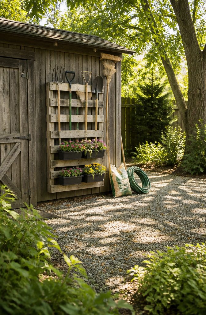 A vertical pallet planter with three boxes filled with soil and plants.