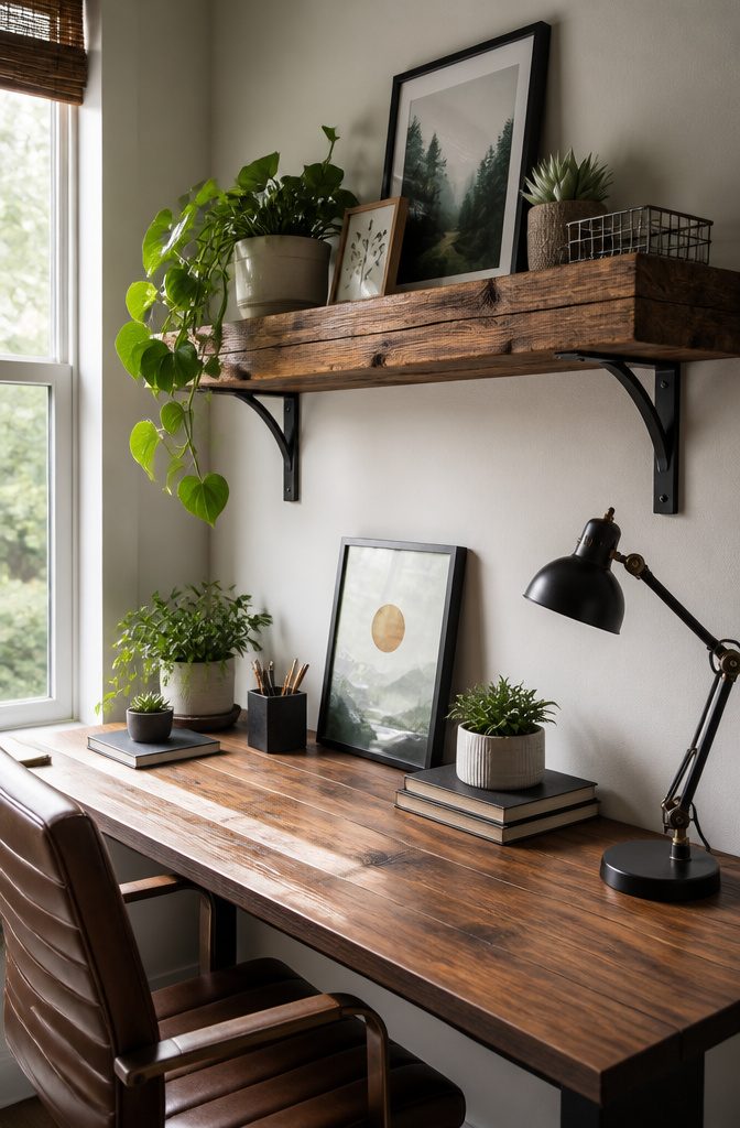 A wooden floating shelf constructed from pallet planks in an office.