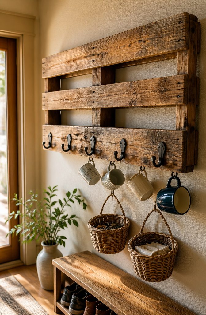 A wall-mounted pallet with hooks for mugs and other items.