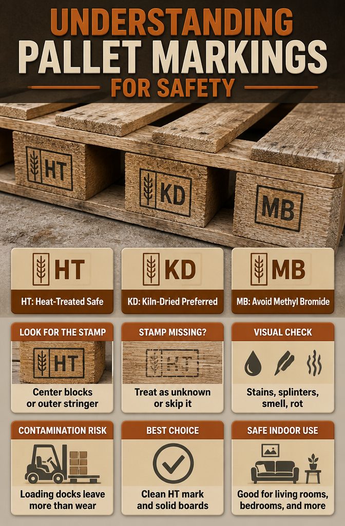 A close-up of pallet markings showing heat-treated and kiln-dried stamps.