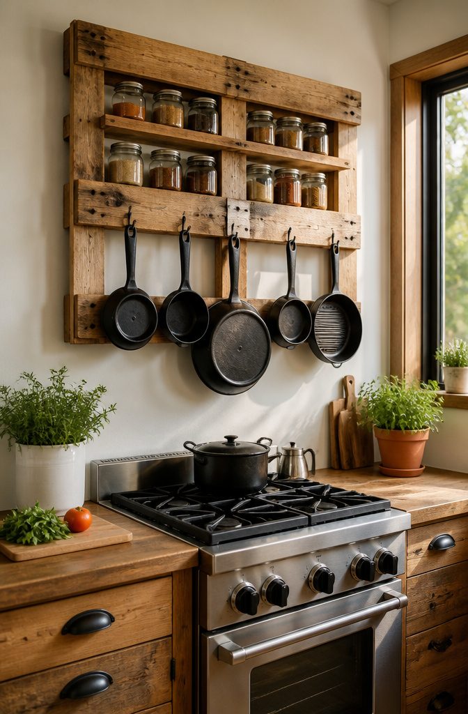 A pallet rack with pots, pans, and jars attached above a kitchen stove.