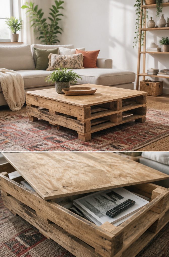 A coffee table made from a pallet with storage underneath.