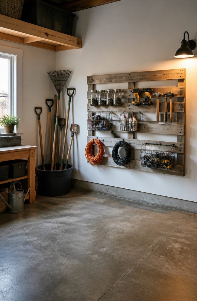 A pallet mounted to a garage wall holds tools and storage baskets.
