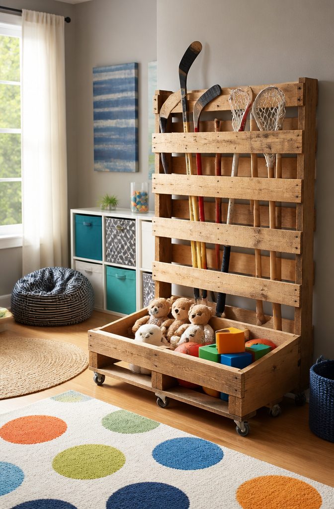 A pallet used for storing sports gear and toys in a playful bedroom.