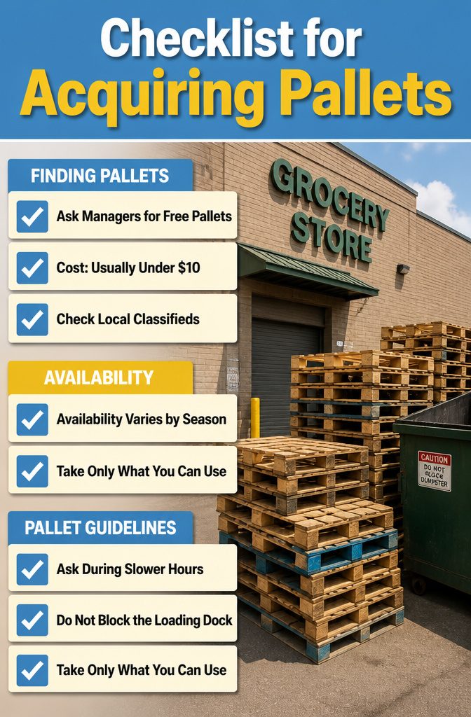 A stack of pallets behind a grocery store waiting to be picked up.