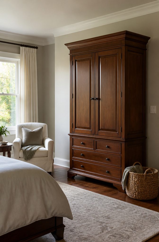 18 Bedroom Dresser Ideas for Every Style in 2026 7 Solid wood armoire with paneled doors in a large bedroom.