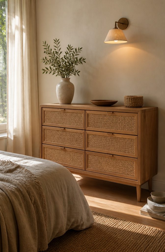 18 Bedroom Dresser Ideas for Every Style in 2026 10 Dresser with woven cane drawer fronts in a neutral bedroom.