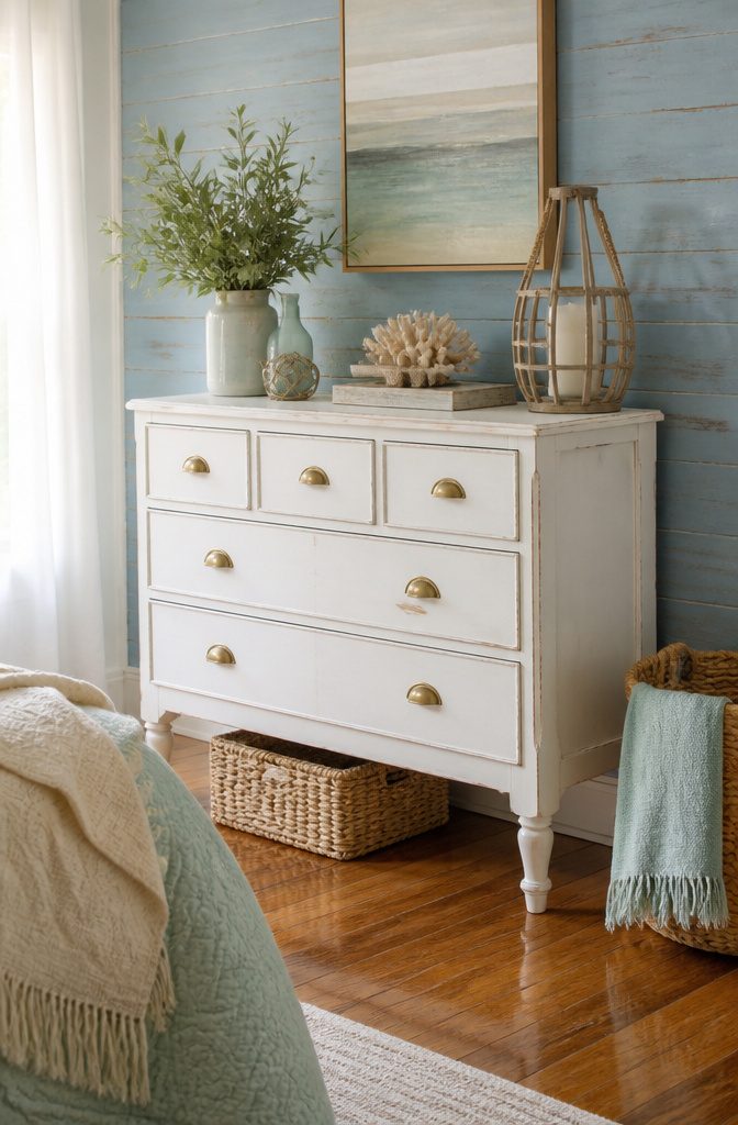 18 Bedroom Dresser Ideas for Every Style in 2026 4 Coastal dresser against a blue wall with soft lighting.