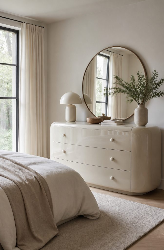 18 Bedroom Dresser Ideas for Every Style in 2026 16 Curved dresser with high-gloss lacquer finish in a modern space.