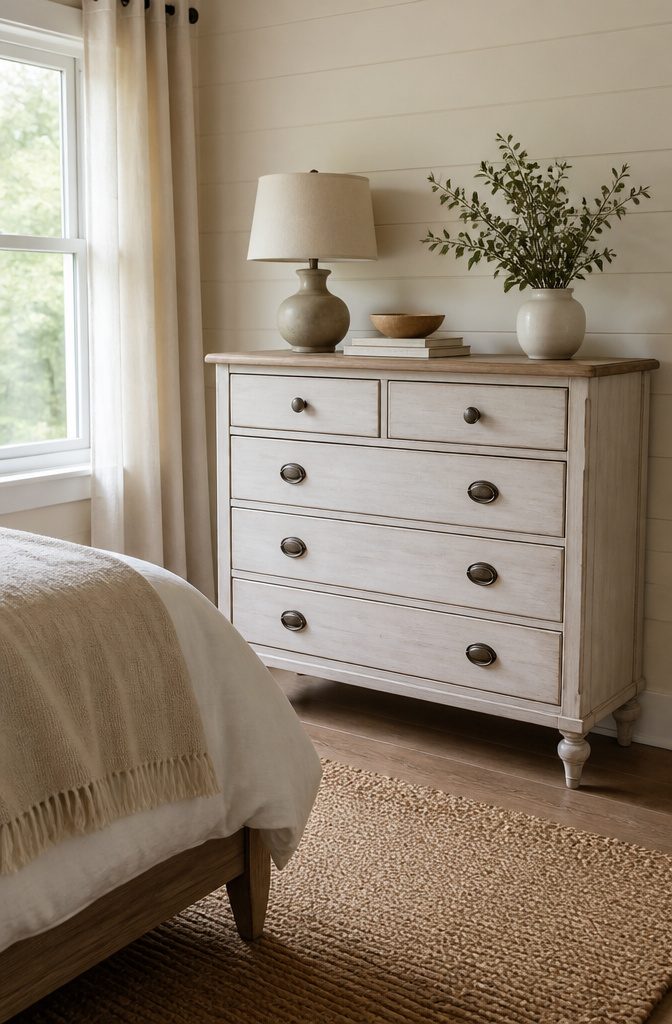 18 Bedroom Dresser Ideas for Every Style in 2026 2 Whitewashed dresser with turned legs in a well-lit bedroom.